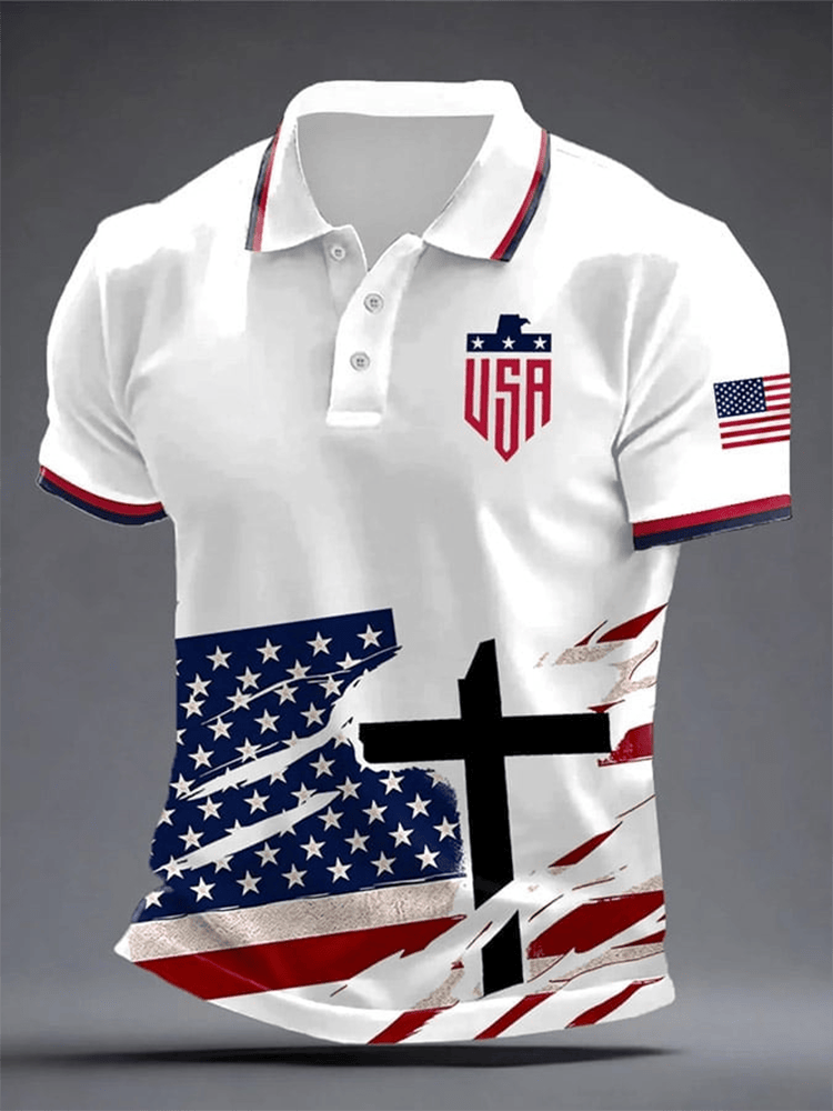 Christian Holy Cross Polo Shirt USA Flag Apparel Faith Based Clothing Gifts For Christian - WWCandleCo