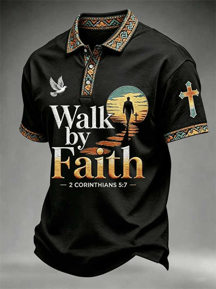Christian Walk By Faith Polo Shirt Christian Themed Apparel Jesus Clothing Line - WWCandleCo