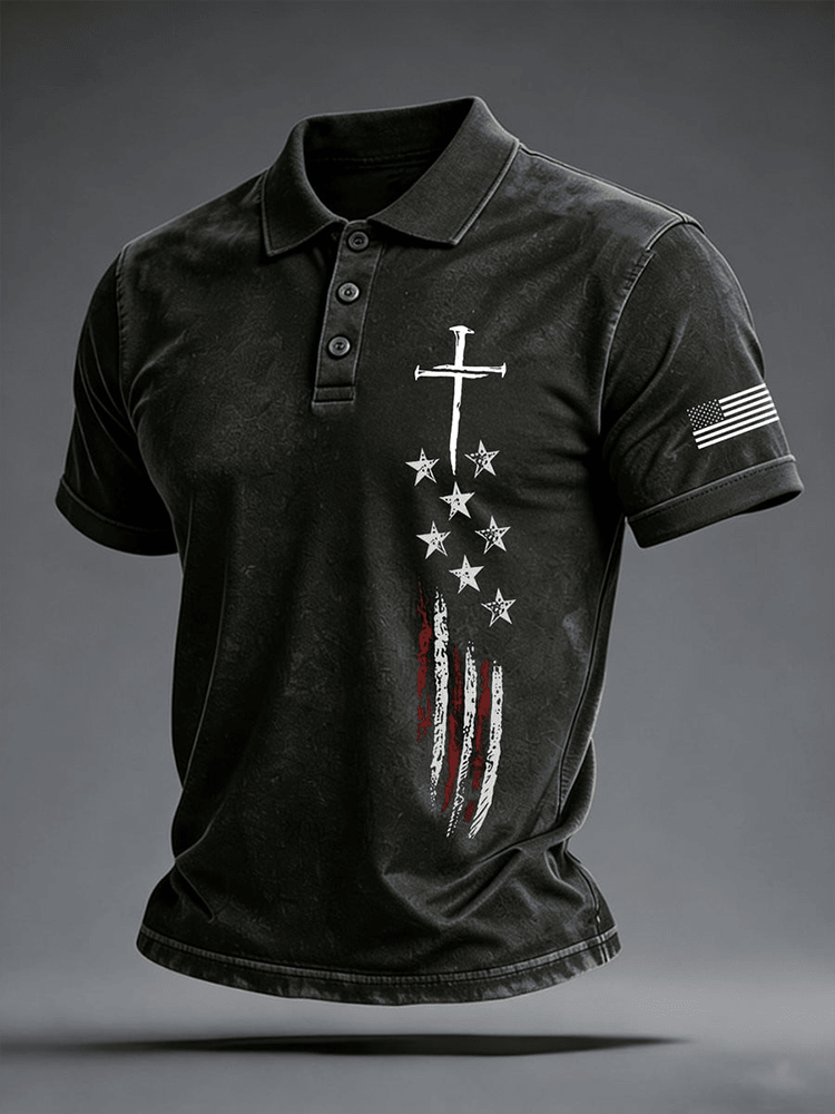 Faith Cross US Flag Polo Shirt Christian Clothing Faith Based Apparel Religious Gifts For Dad - WWCandleCo