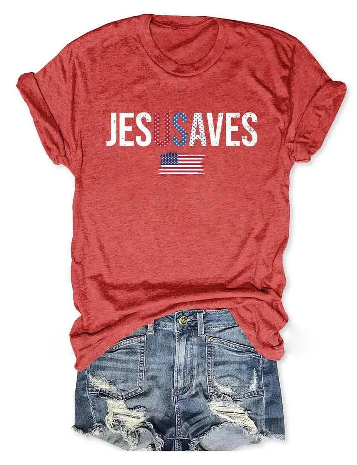 Jesus Saves USA Flag T-Shirt Christian Patriot Merch Gift For 4th of July - WWCandleCo