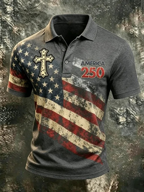Vintage America 250 Yearss Polo Shirt Patriotic Flag Cross Clothing Veteran Gift For Men - WWCandleCo
