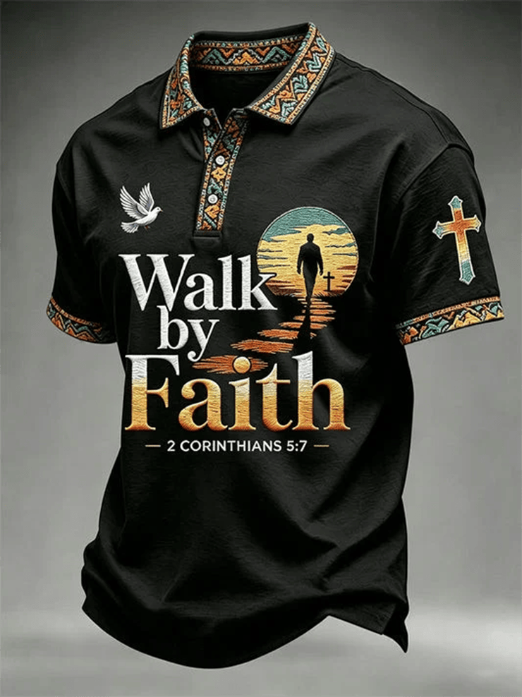 Walk By Faith Polo Shirt Bible Verse Clothing Christian Apparel Gifts For Father's Day - WWCandleCo