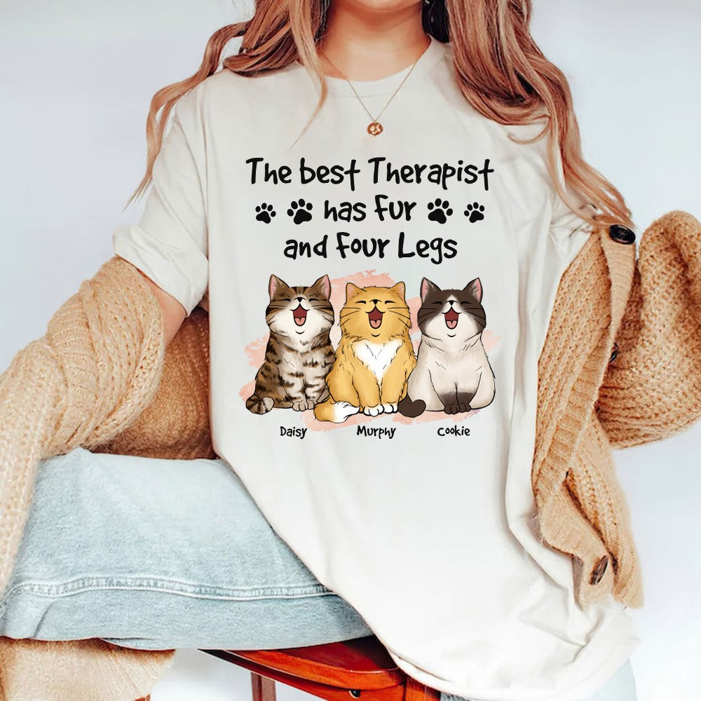 Funny Cat The Best Therapist Has Fur And Four Legs T-Shirt - Image 2