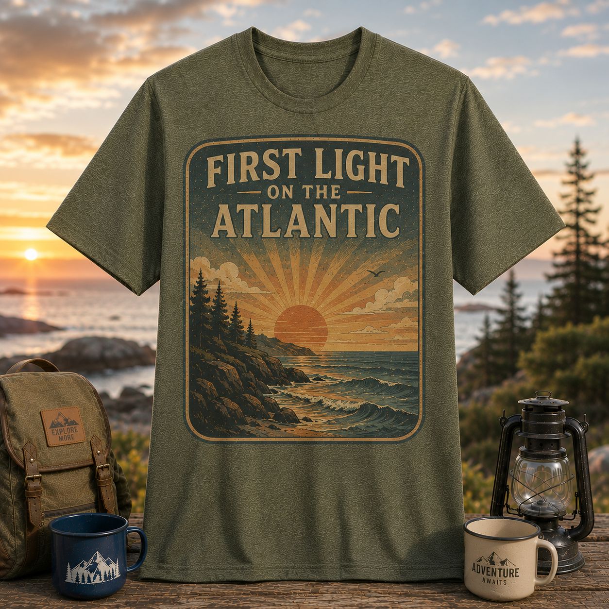 First Light On The Atlantic Retro Sunrise Coastal Graphic Tee