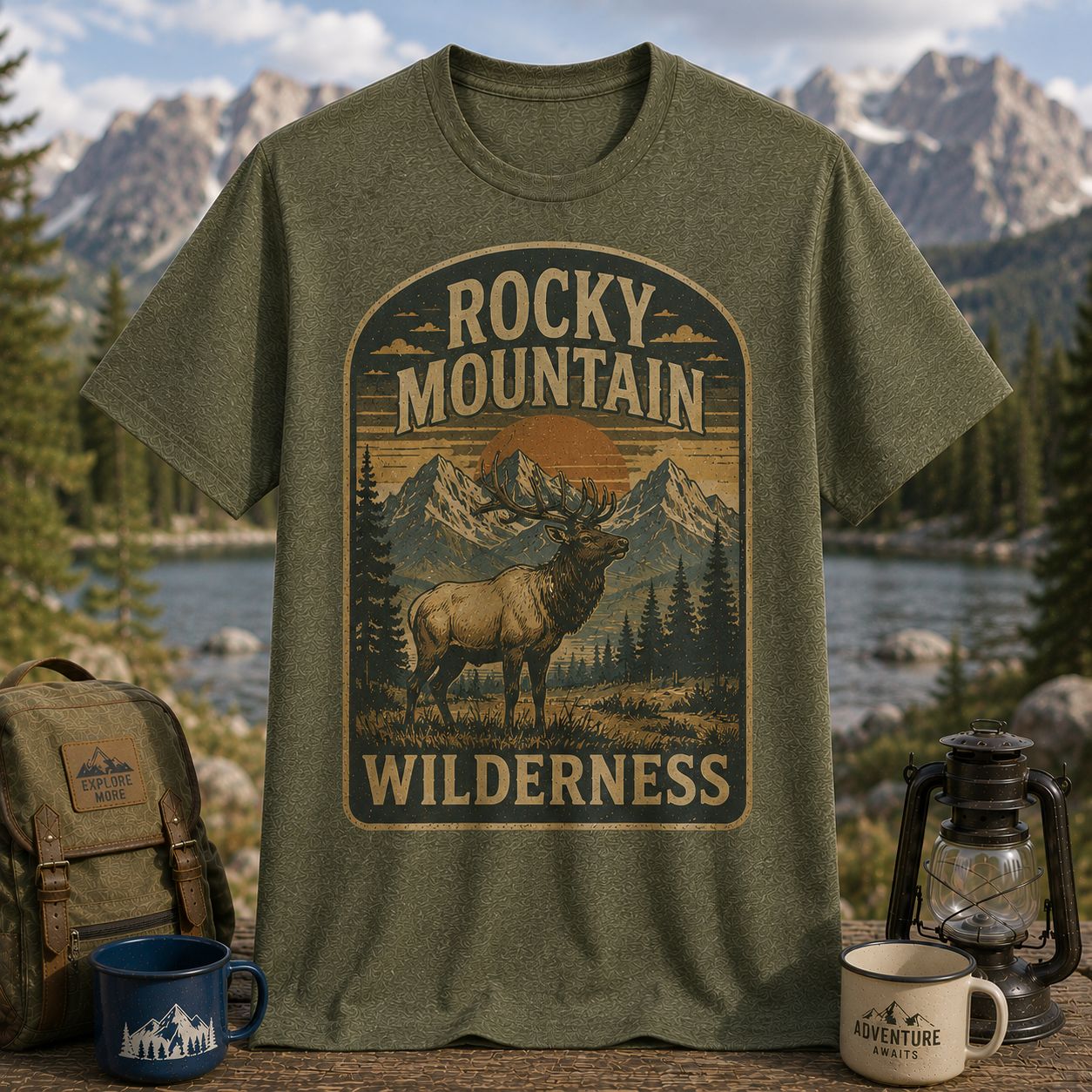 Rocky Mountain Wilderness Retro Elk Graphic Outdoor Adventure Tee