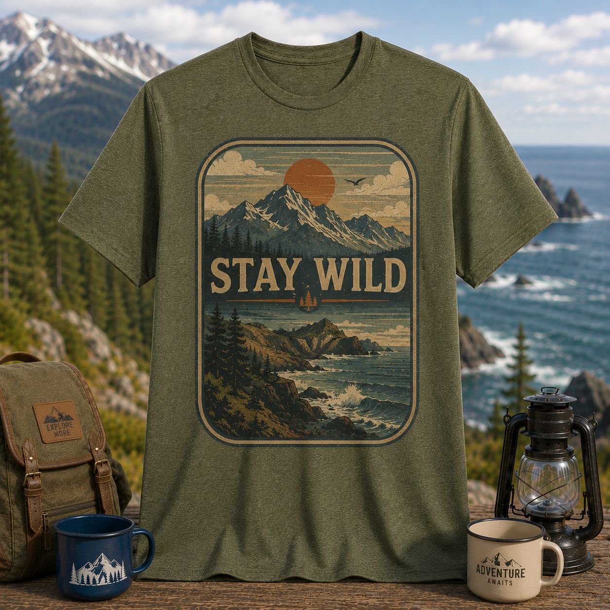 Stay Wild Mountain Forest Ocean Retro Adventure Shirt