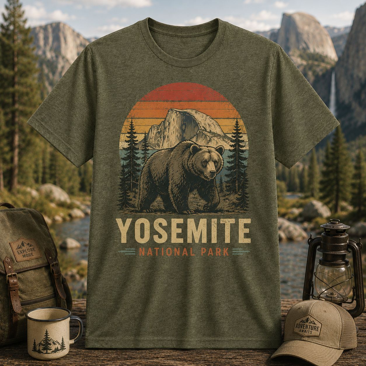 Yosemite National Park Retro Bear Illustration Nature Lover T-Shirt
