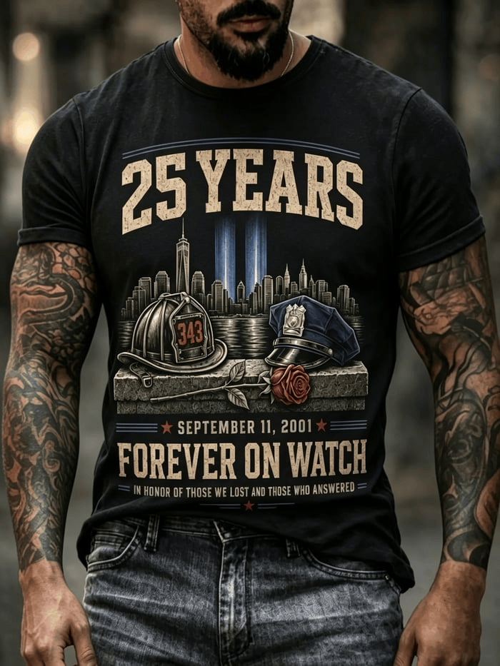 25 Years Never Forget T-Shirt Twin Towers Skyline 9-11 Merch Gift For NYPD 9-11 Officers
