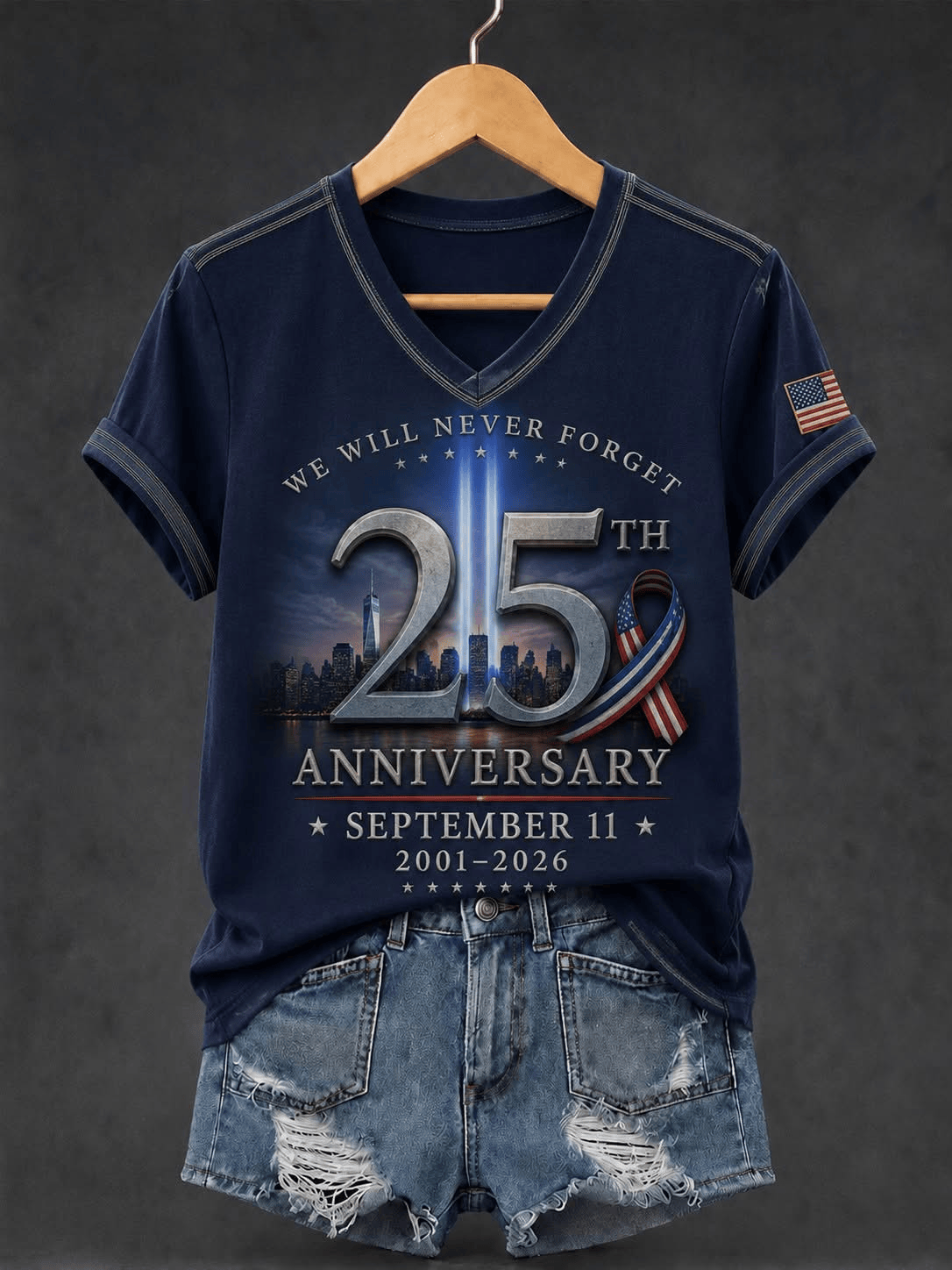 25th Anniversary V-Neck Shirt We Will Never Forget September 11 2001 2026 Merch Gift