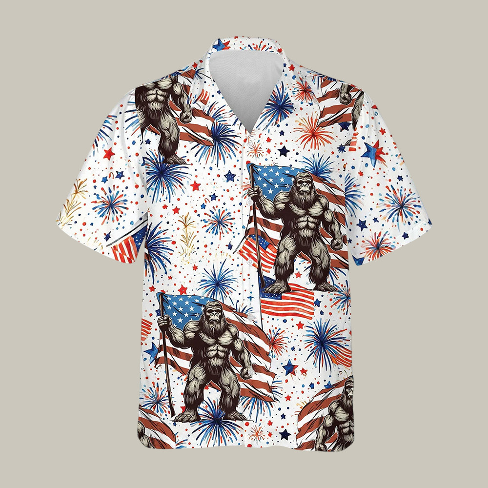 4th Of July Firework Bigfoot Hawaiian Shirt American Flag Independence Day 2026 Shirt Patriotic Gift - WWCandleCo