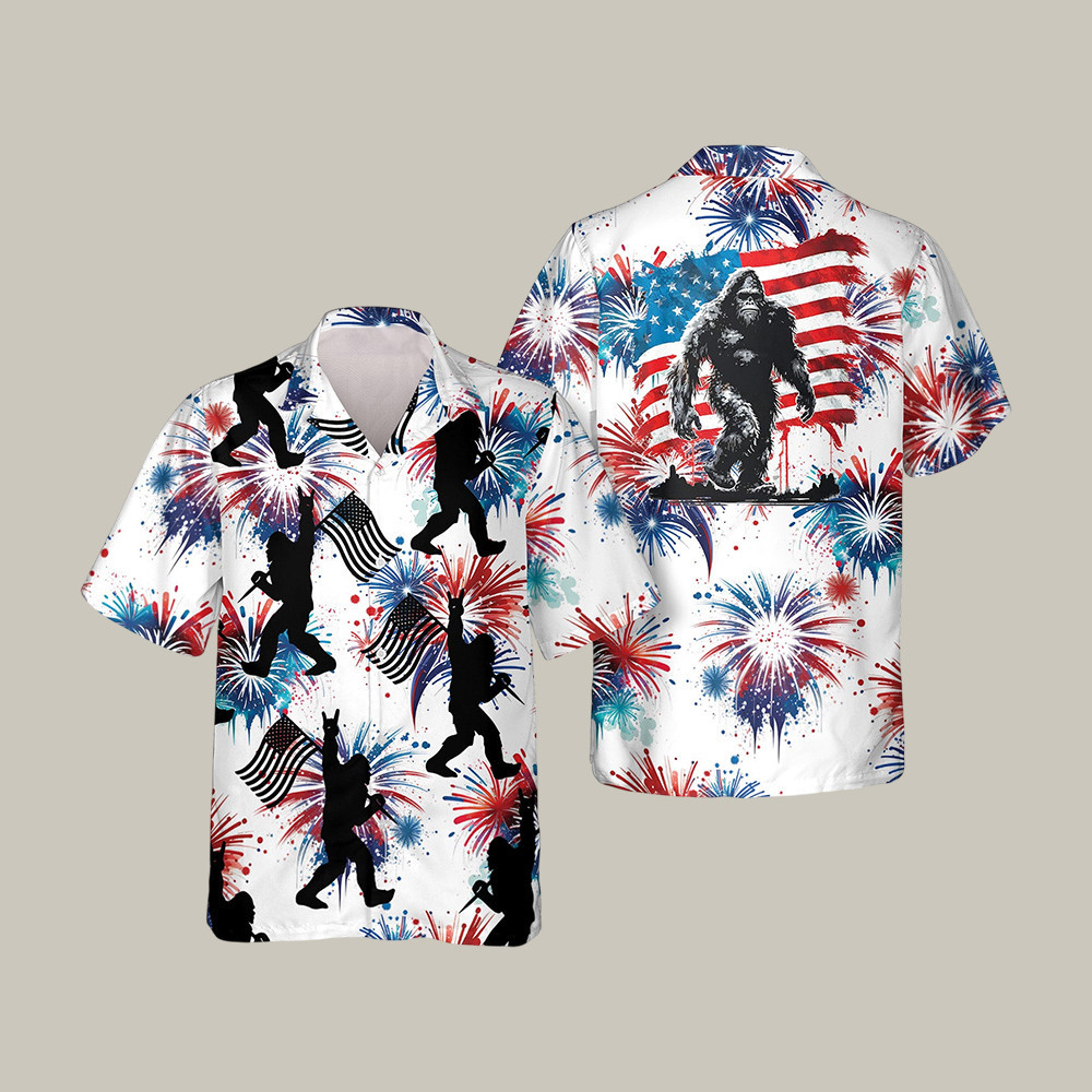 4th Of July Firework Bigfoot Hawaiian Shirt American Flag Patriotic Shirt July 4th Gift Idea - WWCandleCo
