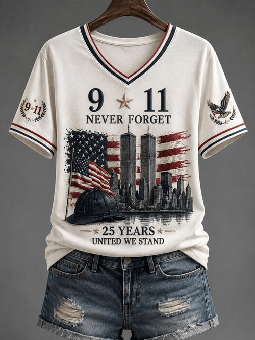 9-11 Never Forget V-Neck T-Shirt 25 Years United We Stand Patriot Merch Gift For Sport Fans