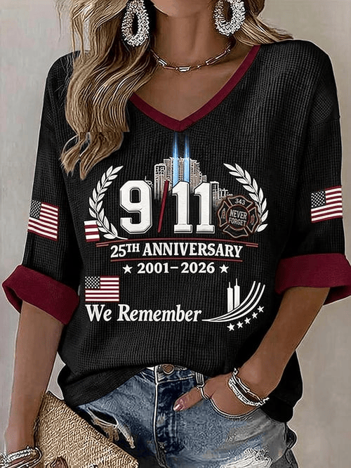 911 25th Anniversary Cropped Sleeve V-Neck Shirt 2001 2026 Merch Gift For Proud Patriots