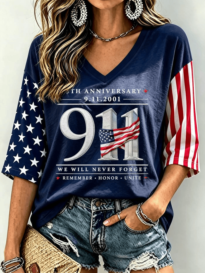 911 25th Anniversary Cropped Sleeve V-Neck Shirt We Will Never Forget Apparel Gift For Patriots