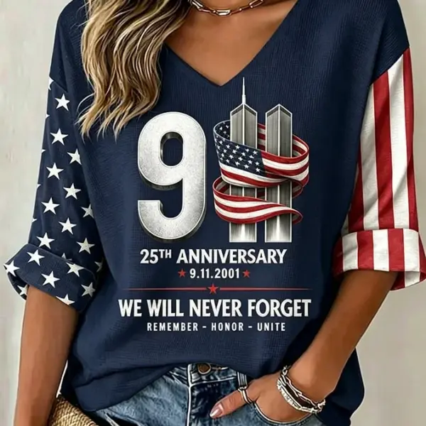 911 25th Anniversary Never Forget V-Neck Long Sleeve Shirt American Flag Apparel