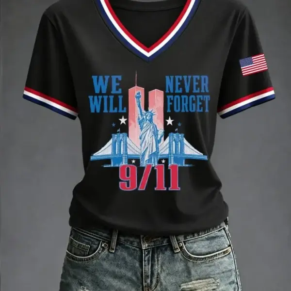 911 25th Anniversary Never Forget V-Neck Shirt Patriotic Apparel Present Ideas