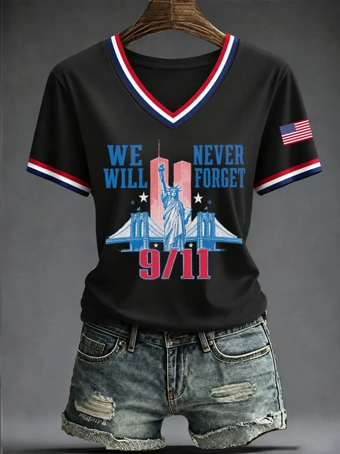 911 25th Anniversary Never Forget V-Neck Shirt Patriotic Apparel Present Ideas