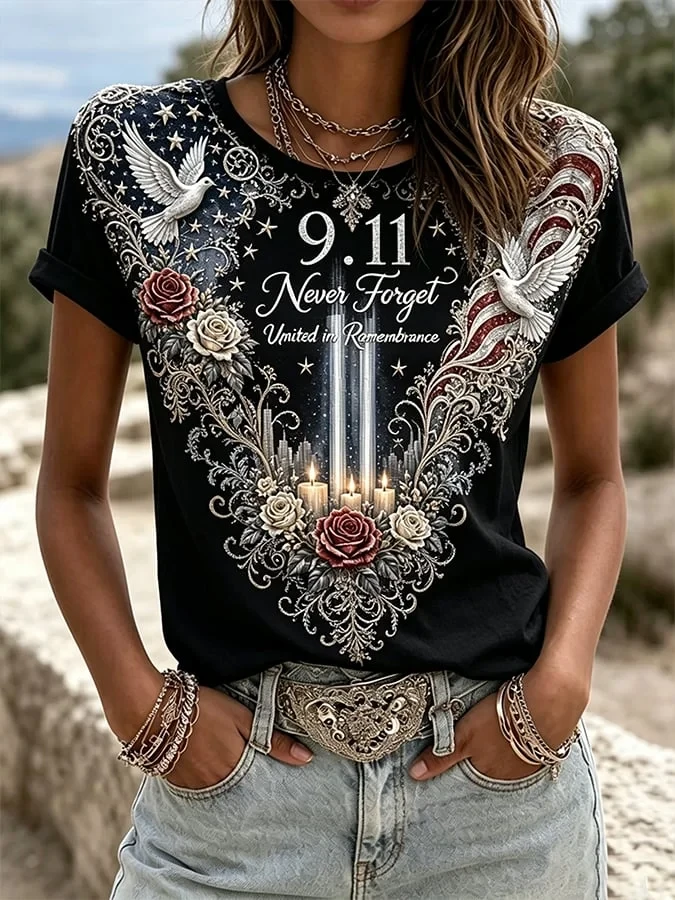 911 25th Anniversary We Will Never Forget T-Shirt 911 Tribute Apparel Best Gift For Her