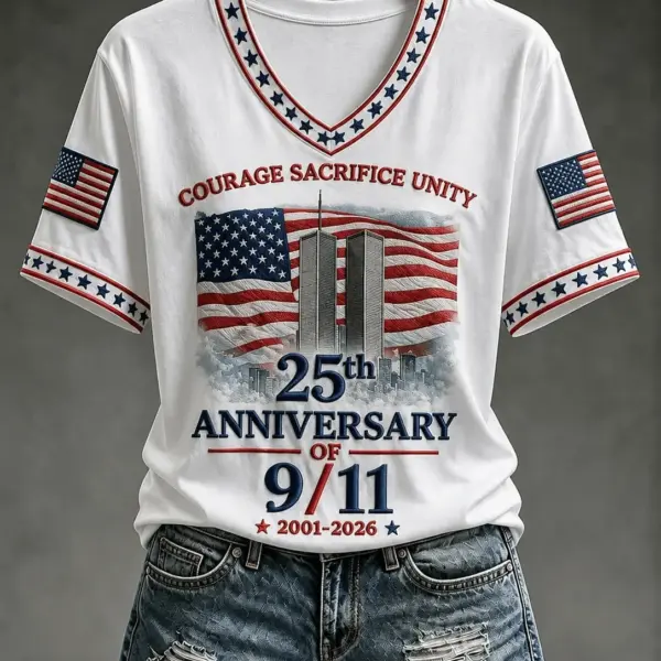 911 25th Anniversary We Will Never Forget V-Neck American Flag Apparel Gift Ideas