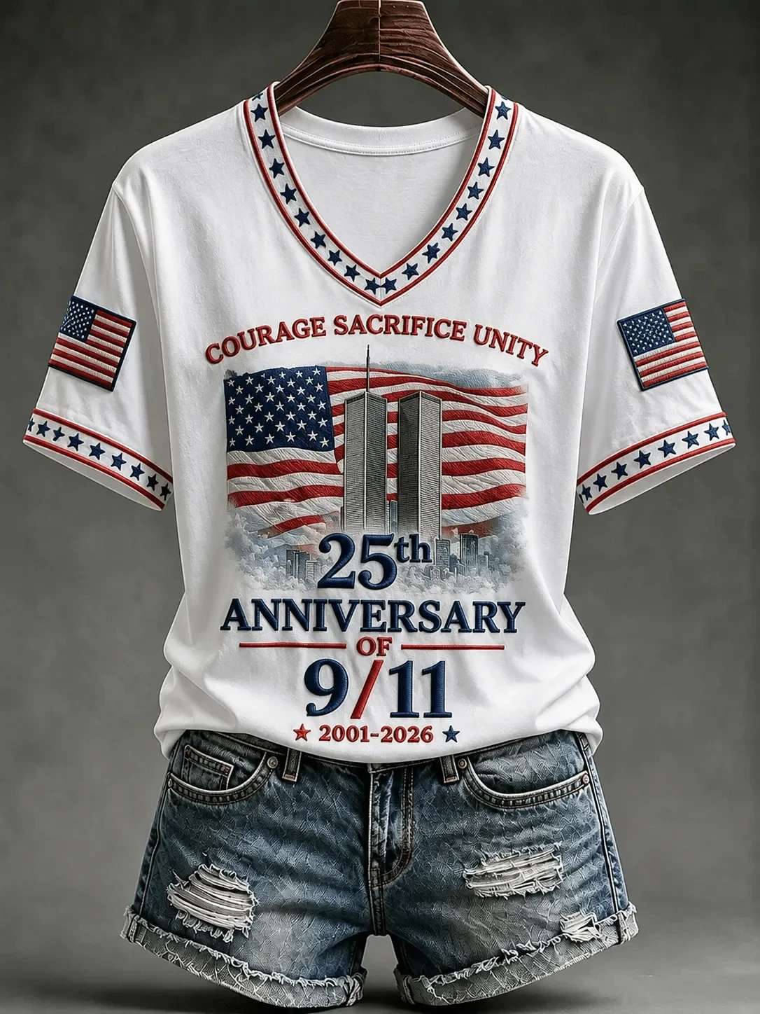 911 25th Anniversary We Will Never Forget V-Neck American Flag Apparel Gift Ideas