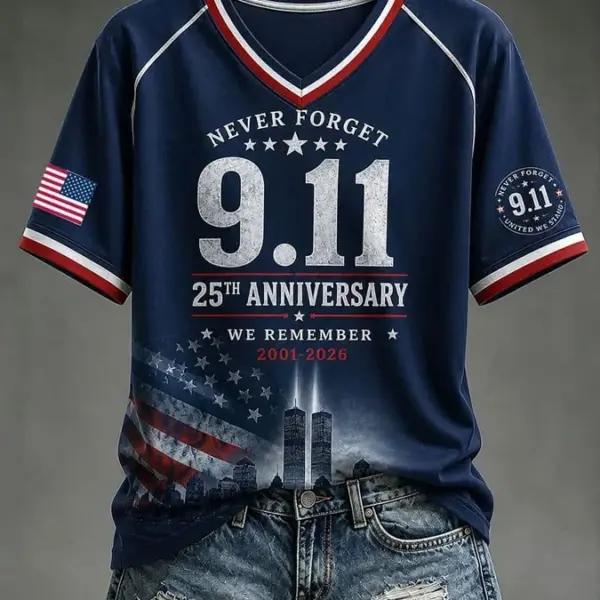 911 25th Anniversary We Will Never Forget V-Neck Shirt 9 11 Commemorative Shirt Gift Ideas