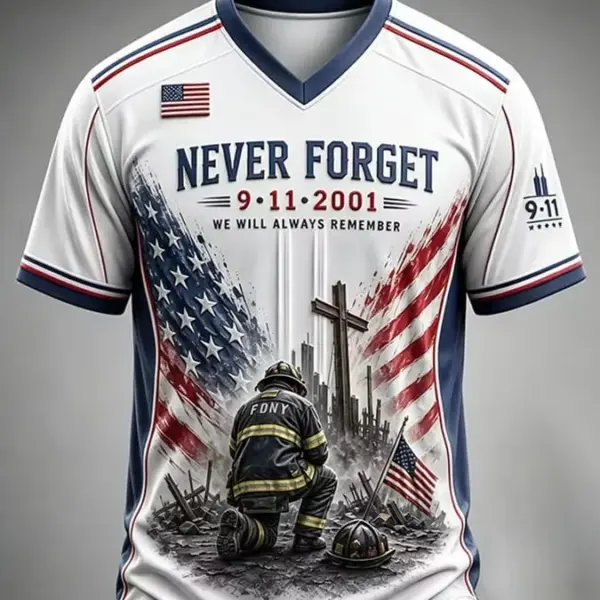 911 25th Anniversary We Will Never Forget V-Neck Shirt 911 Apparel Memorial Gift