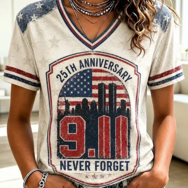 911 25th Anniversary We Will Never Forget V-Neck Shirt 911 Clothing Line