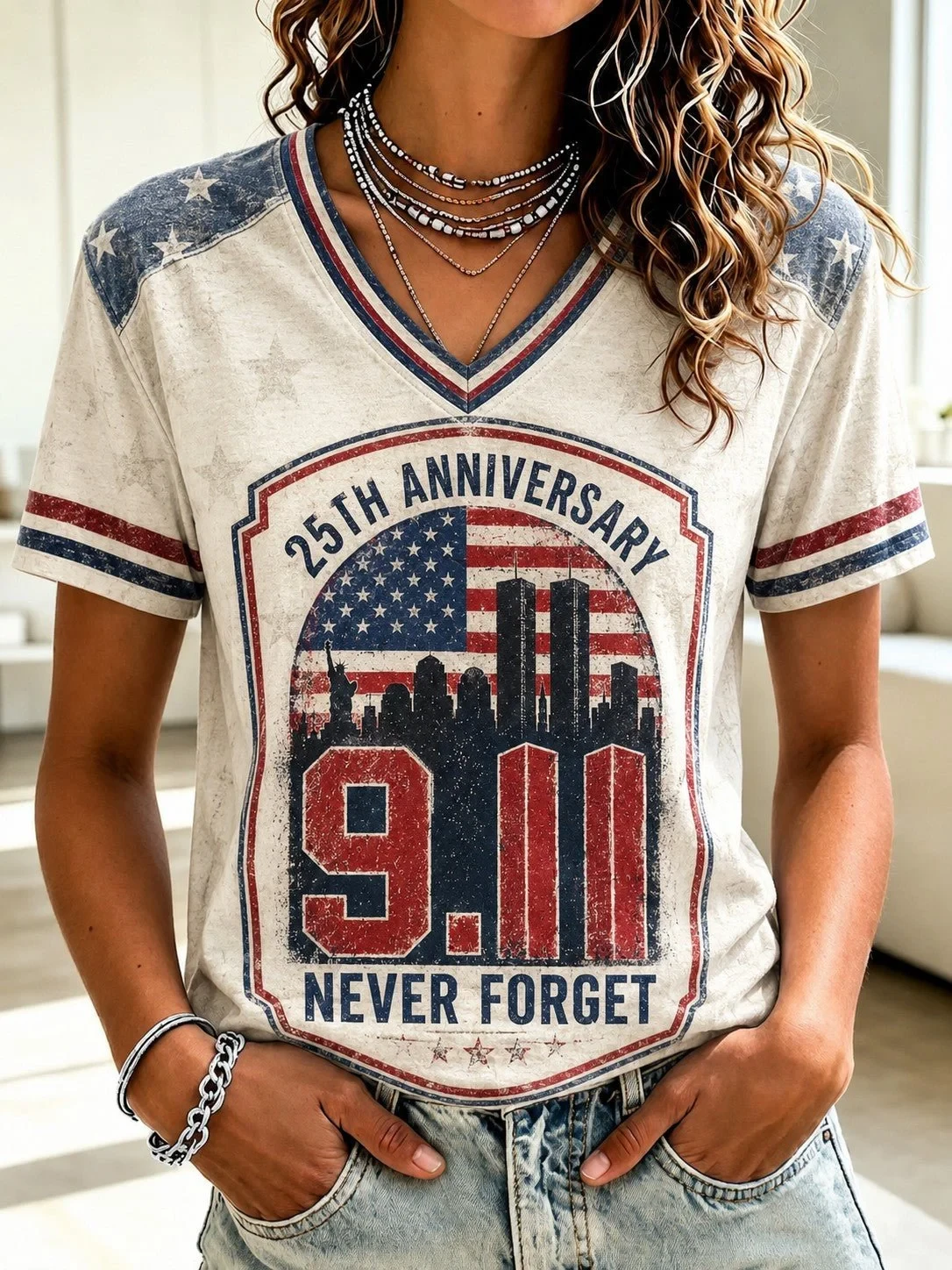 911 25th Anniversary We Will Never Forget V-Neck Shirt 911 Clothing Line