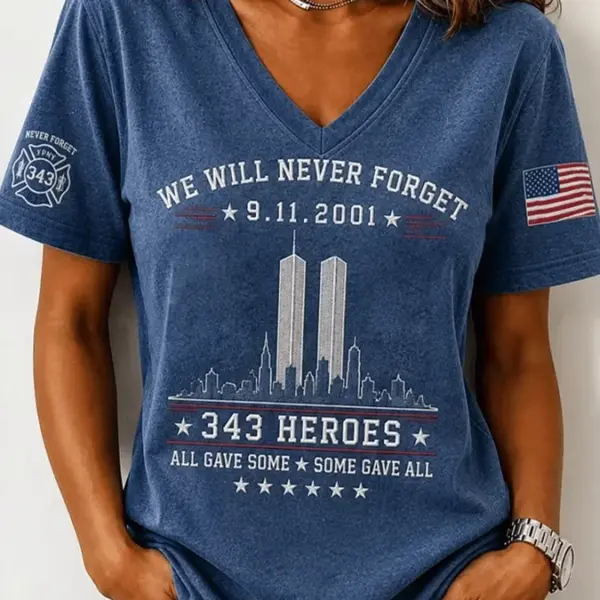 911 25th Anniversary We Will Never Forget V-Neck Shirt 911 Commemorative Clothing Line