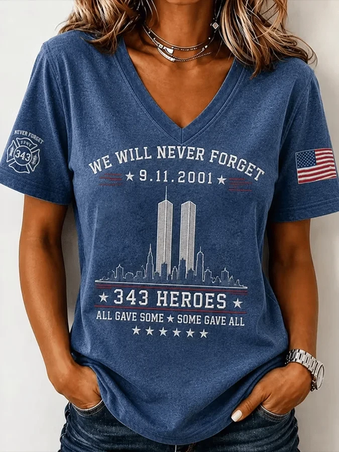 911 25th Anniversary We Will Never Forget V-Neck Shirt 911 Commemorative Clothing Line