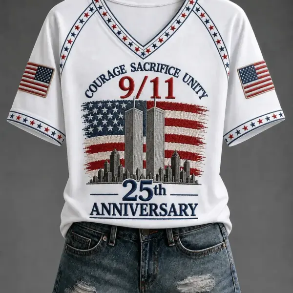 911 25th Anniversary We Will Never Forget V-Neck Shirt 911 Memorial Clothing
