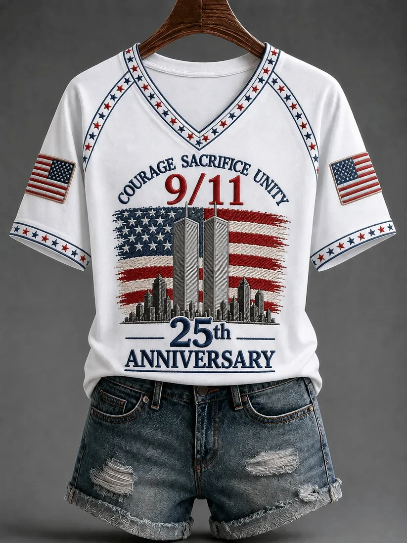 911 25th Anniversary We Will Never Forget V-Neck Shirt 911 Memorial Clothing