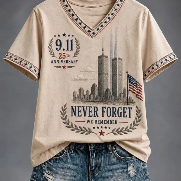 911 25th Anniversary We Will Never Forget V-Neck Shirt 911 Memorial Shirt