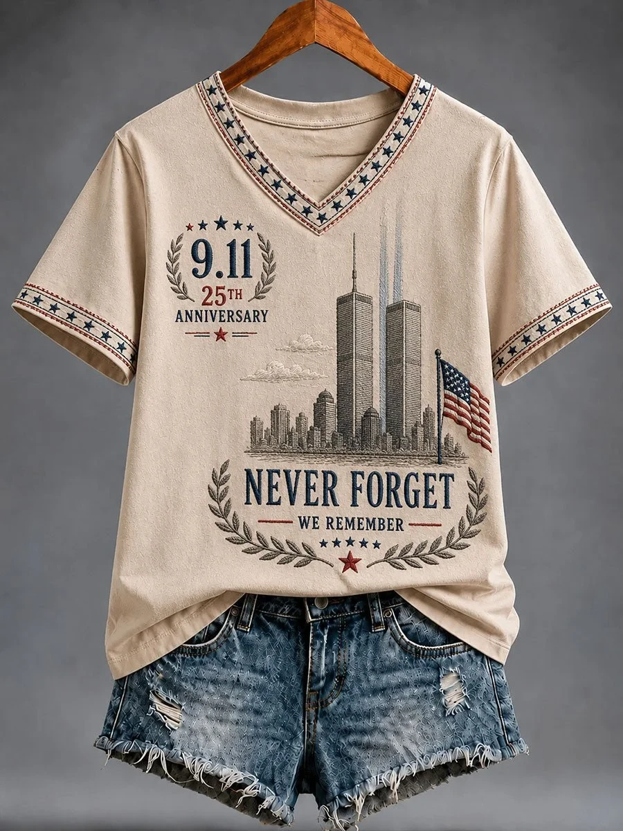 911 25th Anniversary We Will Never Forget V-Neck Shirt 911 Memorial Shirt