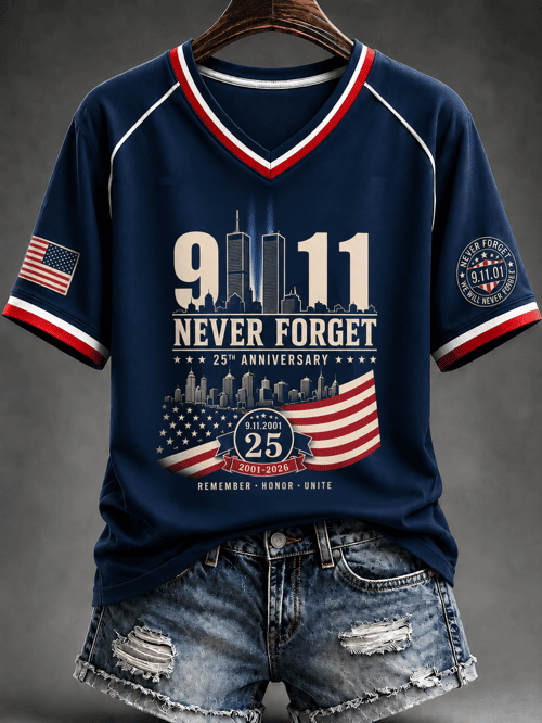 911 Courage Sacrifice Unity V-Neck Shirt Twin Towers Silhouette Merch Gift Ideas For Him