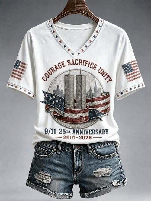 911 Courage Sacrifice Unity V-Neck Shirt Twin Towers Silhouette Patriotic Merch Present