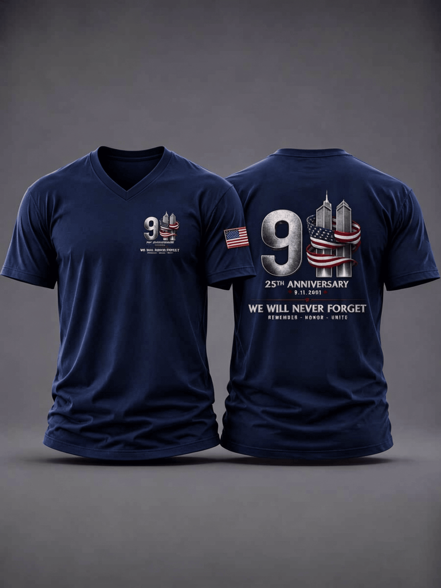 911 Never Forget V-Neck Shirt Twin Towers Silhouette Patriotic Shirt Birthday Gift