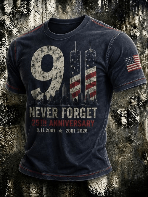 911 We Will Never Forget Merch 25th Anniversary 2001 2026 T-Shirt Twin Towers Patriotic Gifts