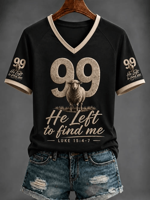 99 He Left The One Lost Sheep Cross V-Neck Shirt Jesus Merch Gift For Christian Fans