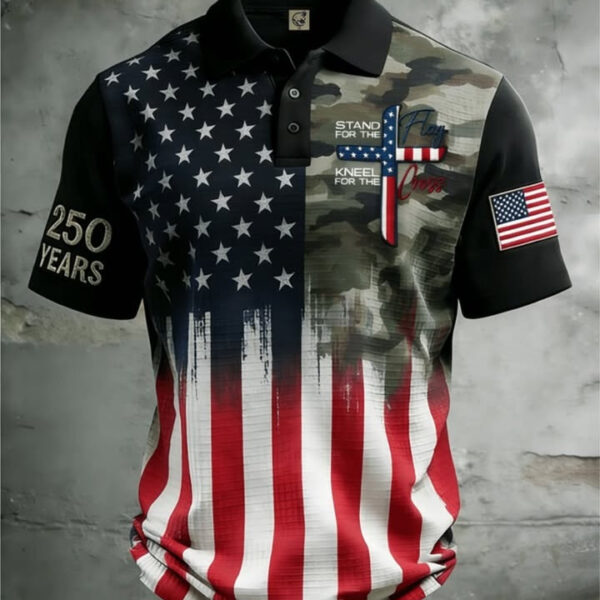 America 250 Years Polo Shirt Stand For The Flag Kneel For The Cross Merch Gift For Veterans - WWCandleCo