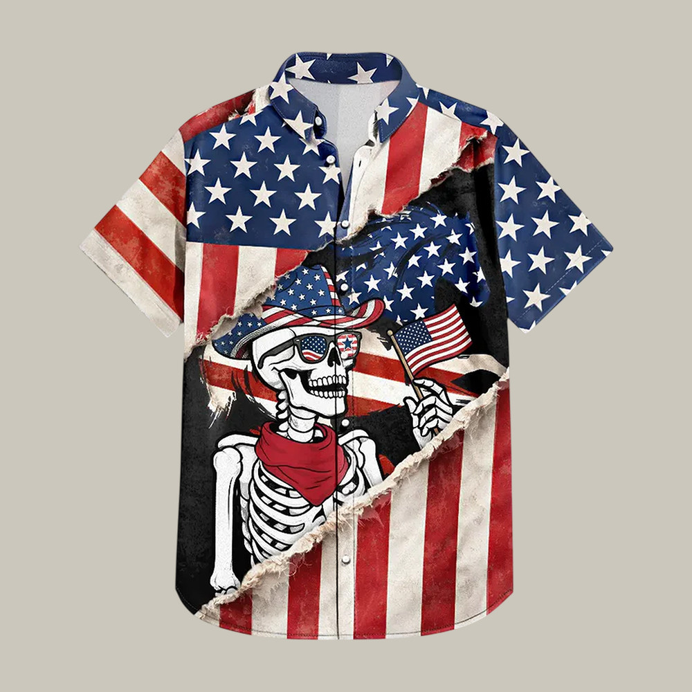 America Years Cowboy Skeleton Hawaiian Shirt American Flag Shirt Unique Gift For Patriotic - WWCandleCo