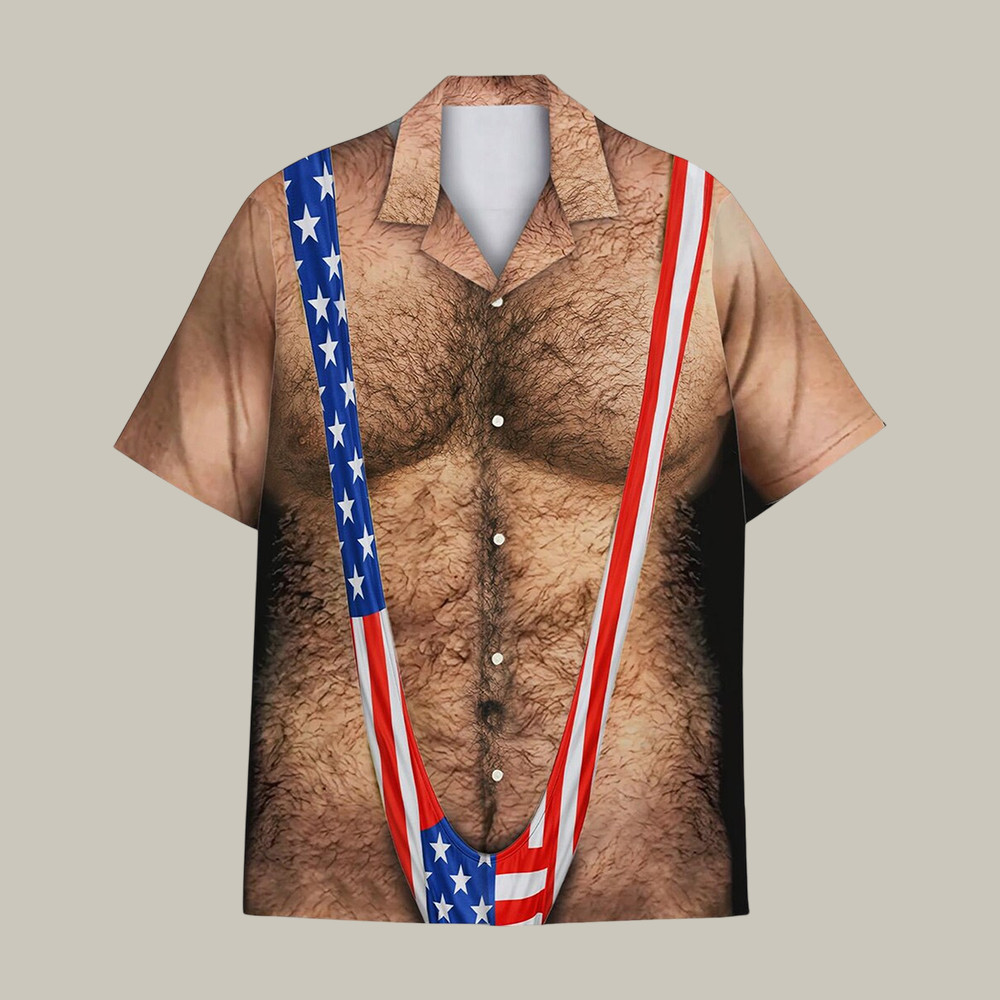 American Flag Funny Hawaiian Shirt Patriotic Chest Hair Illusion Aloha Shirt Humorous Gift For Father - WWCandleCo