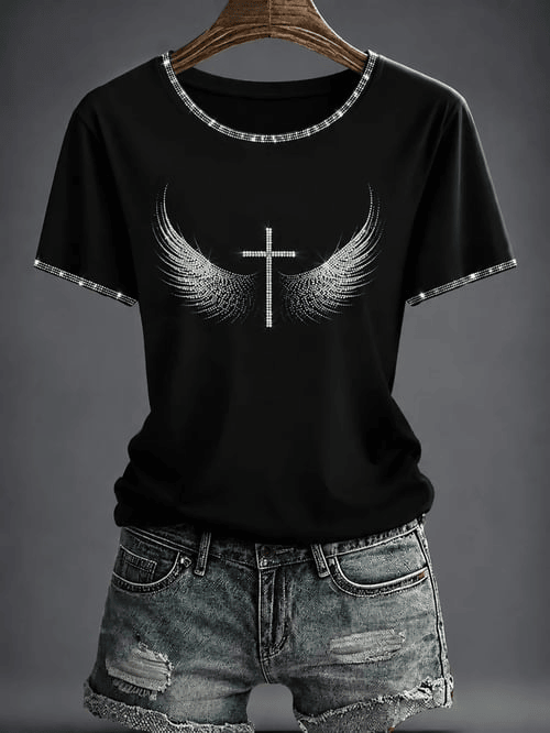 Angel Wings Cross Rhinestone T-Shirt Jesus Merch Gift For Faithful Women