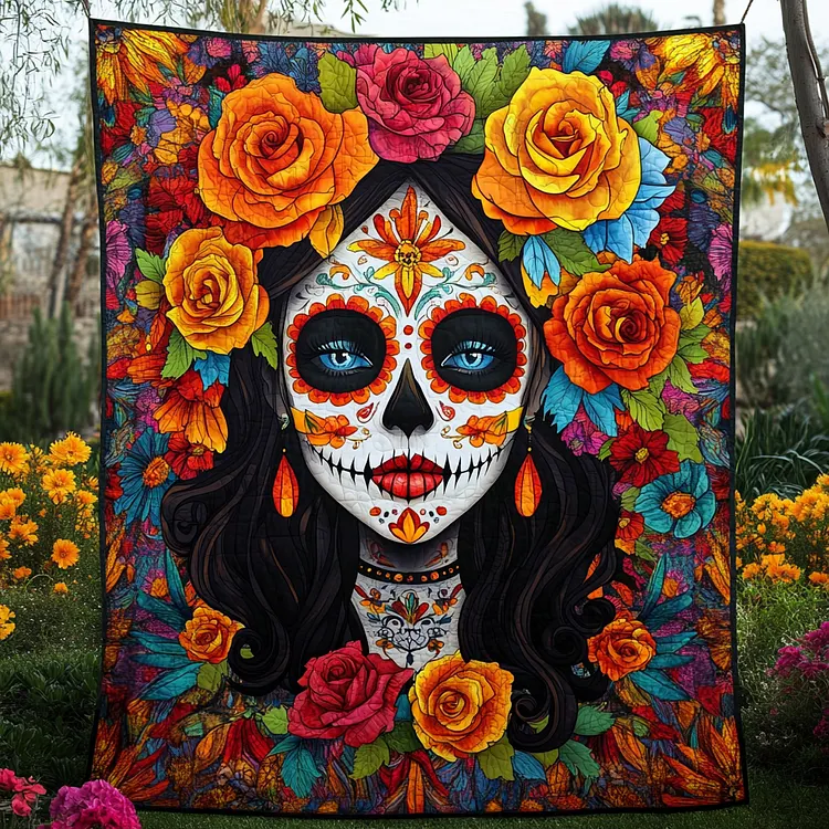 Artistic La Catrina Quilted Blanket Sugar Skull Woman Merch Gift For Cozy Spaces