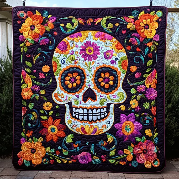 Artistic Sugar Skull Quilted Blanket Sugar Skull Flowers Merch Home Gift For Him