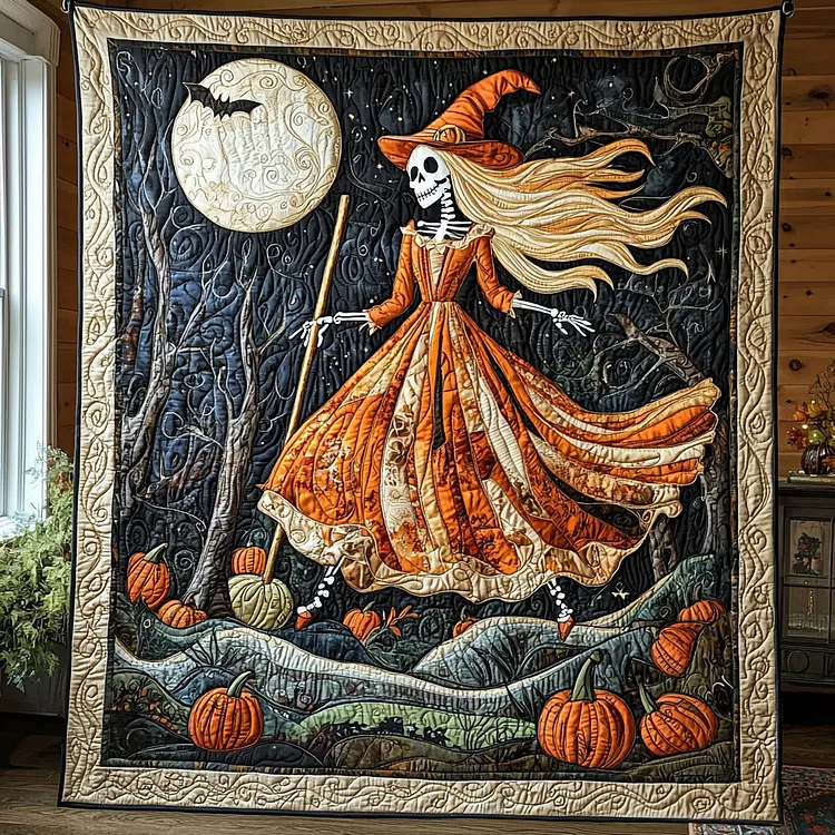 Autumn Enchant Quilted Blanket Skeleton Witch Moon Merch Spooky Gifts For Her