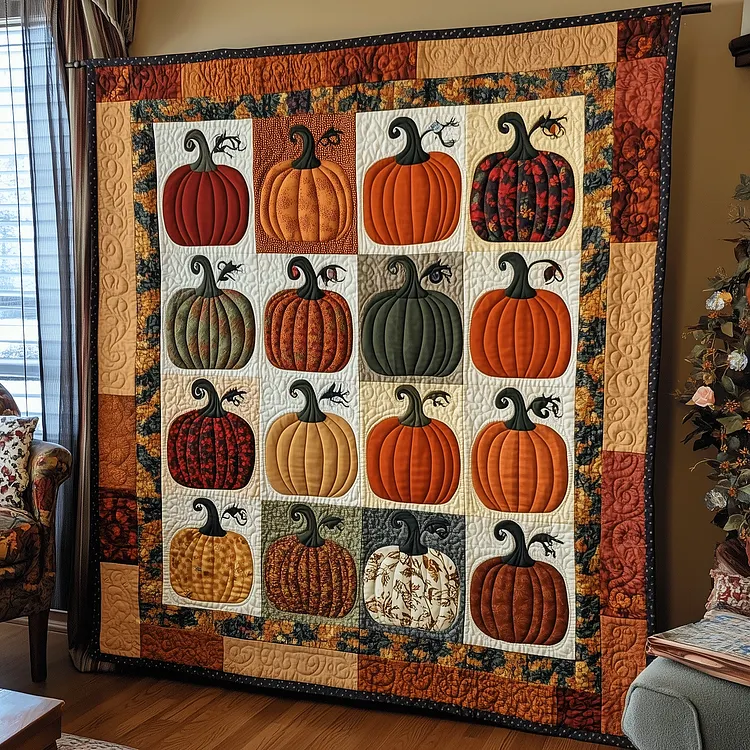 Autumn Pumpkins Quilted Blanket Pumpkin Patch Quilt Merch Gift For Room Decor