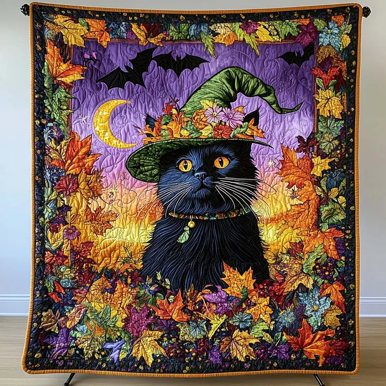 Autumn Witch Cat Quilted Blanket Black Cat Witch Merch Room Gift For Her