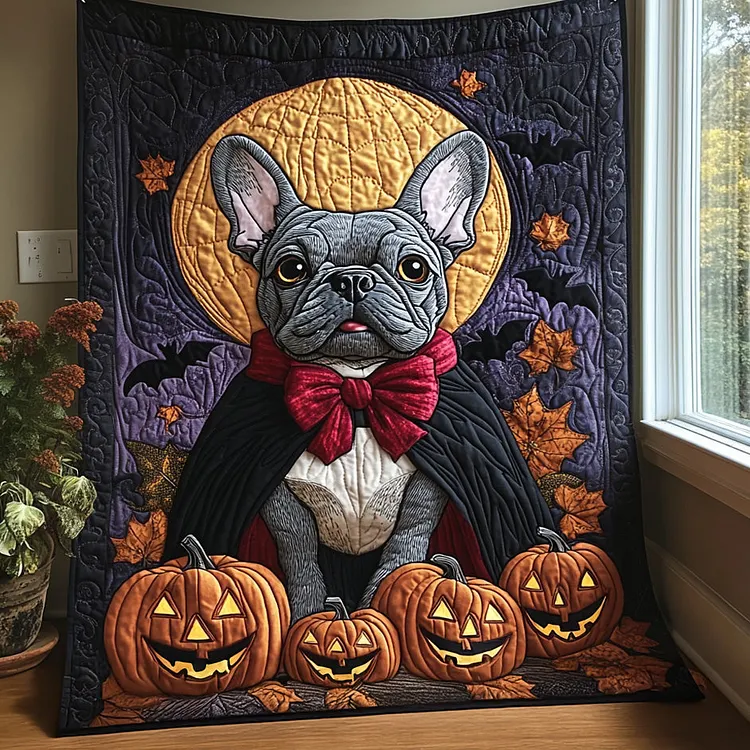 Bat Bowwow Quilted Blanket Frenchie Halloween Merch Spooky Gifts For Her