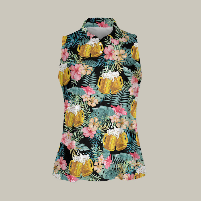 Beer Tropical Floral Golf Sleeveless Polo Shirt Best Golf Clothes Cool Present For Mother's Day - WWCandleCo